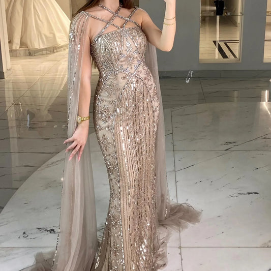 SERENE HILL Arabic Caramel Mermaid Elegant Cape Sleeves Beaded Luxury Evening Dresses 2024 Formal Gown For Women Party GLA71905A