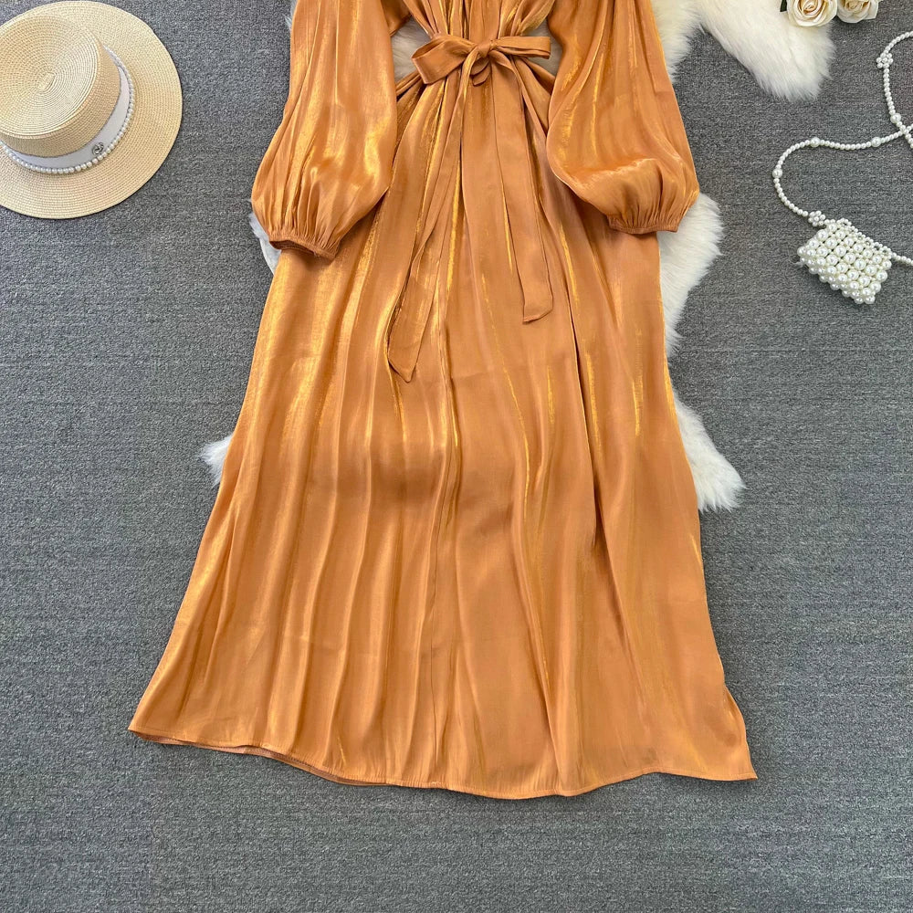 Autumn Elegant Women Fashion Party Long Dress Bow Lace Up Long Sleeve Evening Dresses A-Line Casual Vestidos One Piece Prom Robe