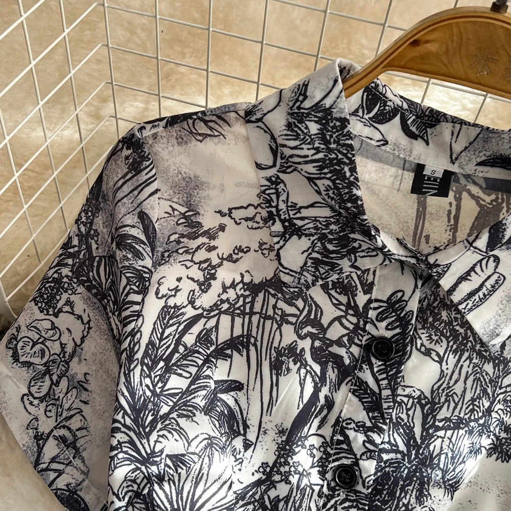 Summer Retro Shirt Dress Women Short Sleeved Lapel Single Breasted A-line Print Long Dresses Ladies Elegant Party Long Robe