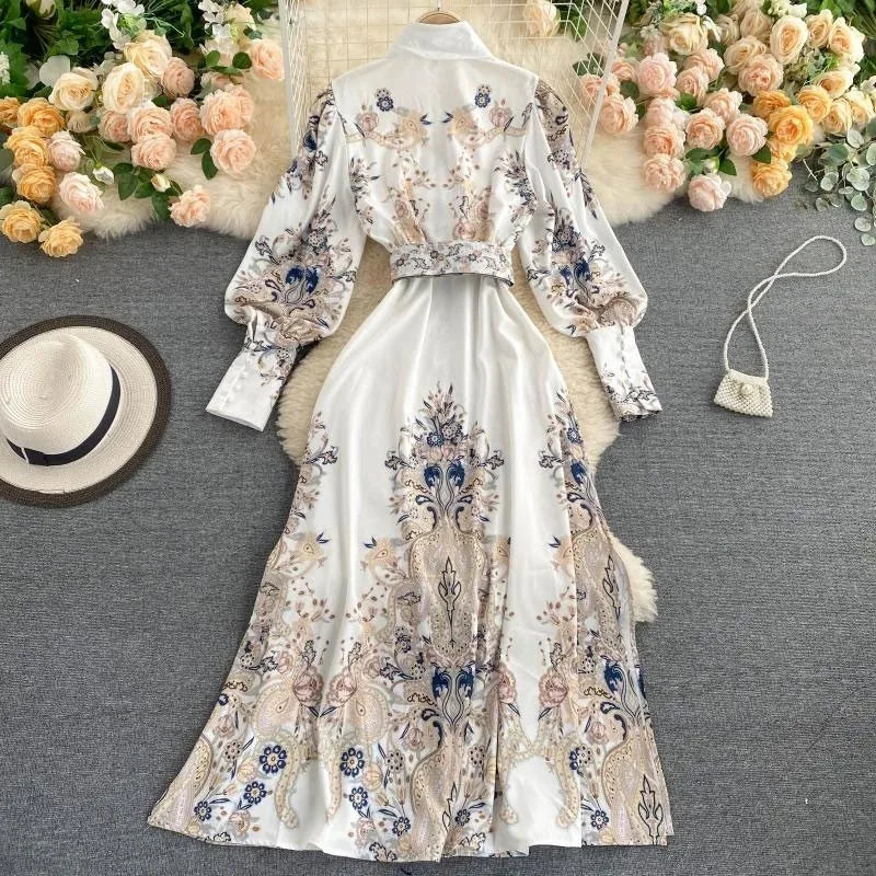 Lusumily New Arrival 2024 Vintage Dress Women Fashion Long Sleeve Flower Print Pleated Dresses Elegant Woman Midi Holiday Dress
