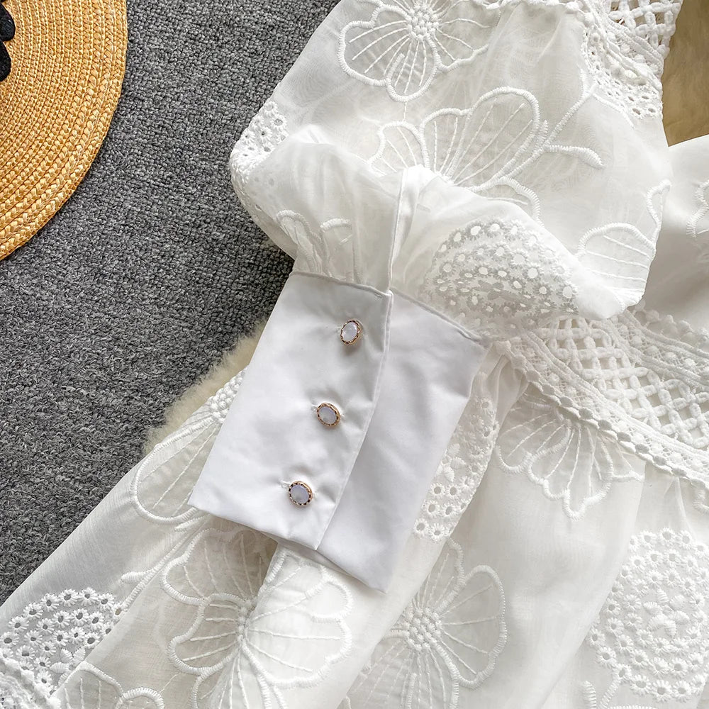 Spring Dresses 2024 Crochet Trim Cutwork Embroidery Mini Holiday Dress Women Stand Collar Long Sleeve Elegant Party Dresses