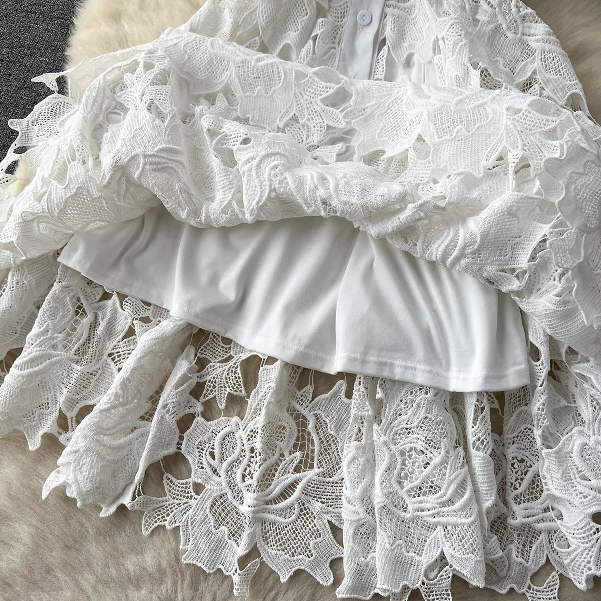 Summer Dresses For Women 2023 Luxury Party Elegant Openwork Embroidery Lace Dress Short Puff Sleeve White Mini Dress With Belt