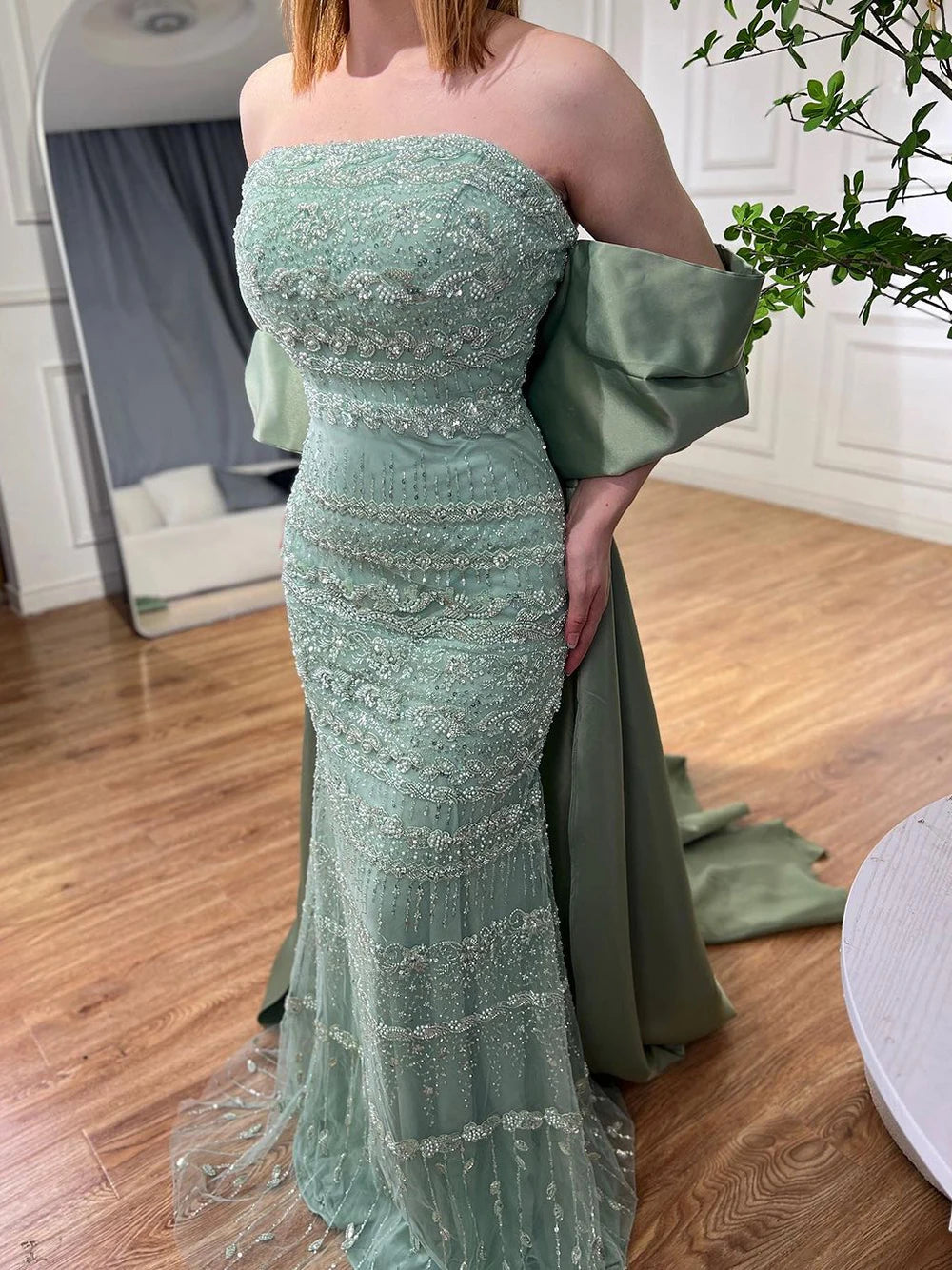 Serene Hill-Sage Green Mermaid Evening Dresses for Women, Strapless, Elegant, Sexy, Beaded, Wedding Party, 2023, BLA72126