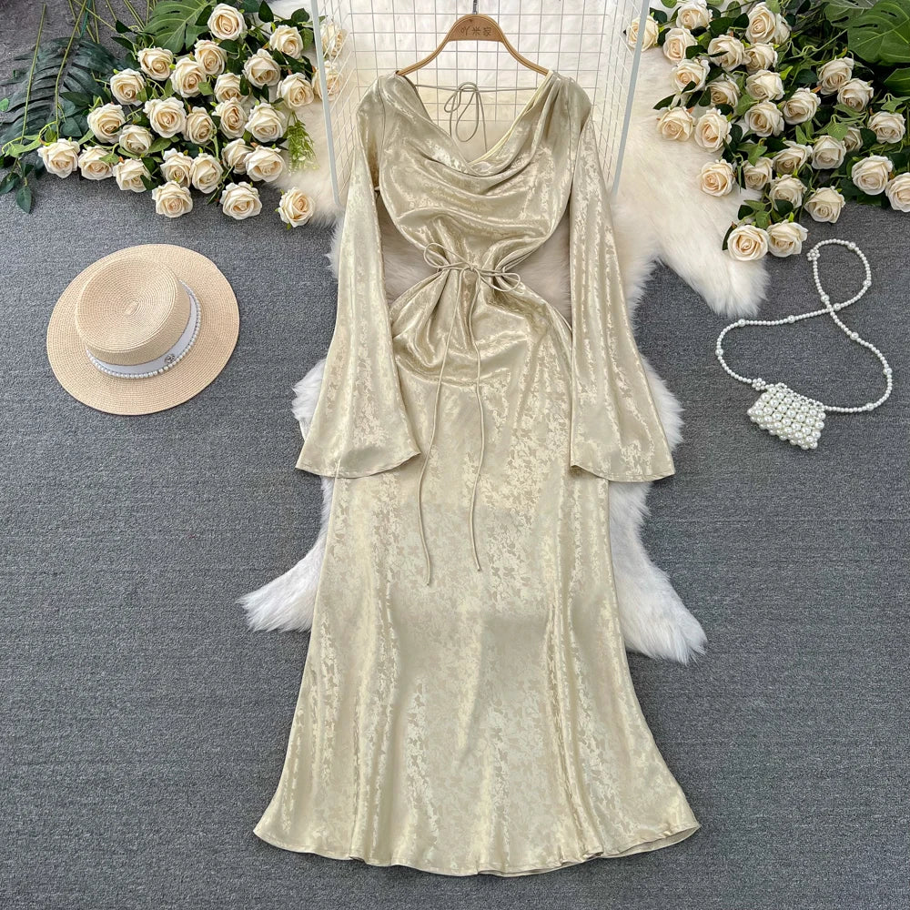 Autumn Evening Dresses for Women Elegant Bodycon Party Prom Robe Vintage Flare Sleeve Swinging Collar Midi Vestidos Mujer New