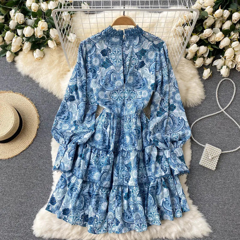 Spring Summer Women Dresses Elegant Vintage Print Holiday Bohemian Beach Dress Stand Collar Long Sleeve Ruffle Tiered Mini Dress