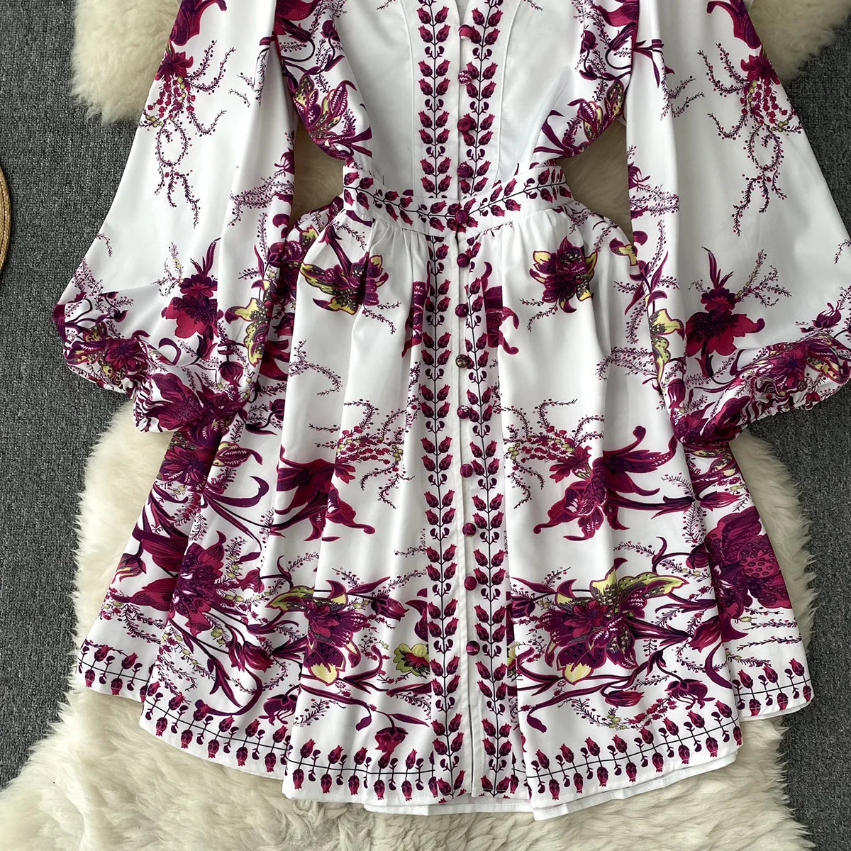 New In Dresses 2023 Fashion Women Clothing Party Elegant Vintage Print Dress Front Button Up V Neck Long Puff Sleeve Mini Dress
