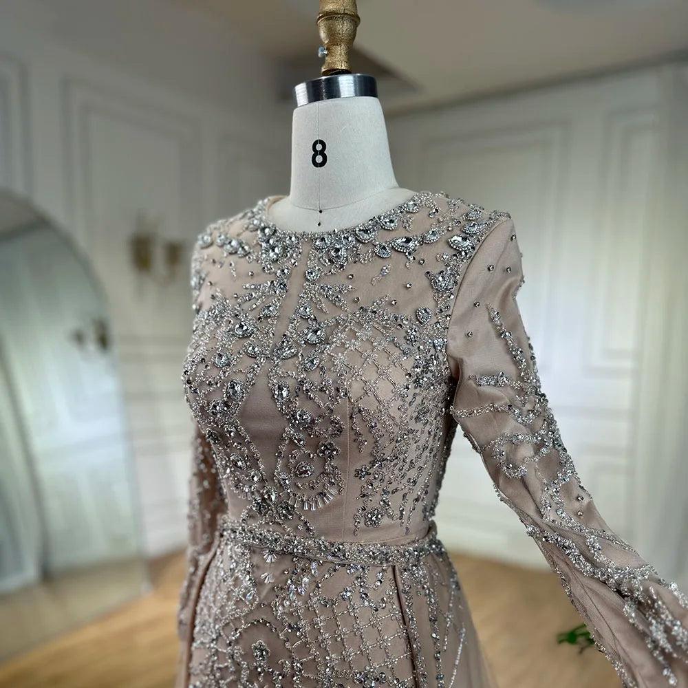 Serene Hill Muslim Silver Nude Mermaid Gown with Detachable Overskirt Beaded Evening Dress for Women Wedding Party 2024 LA71919