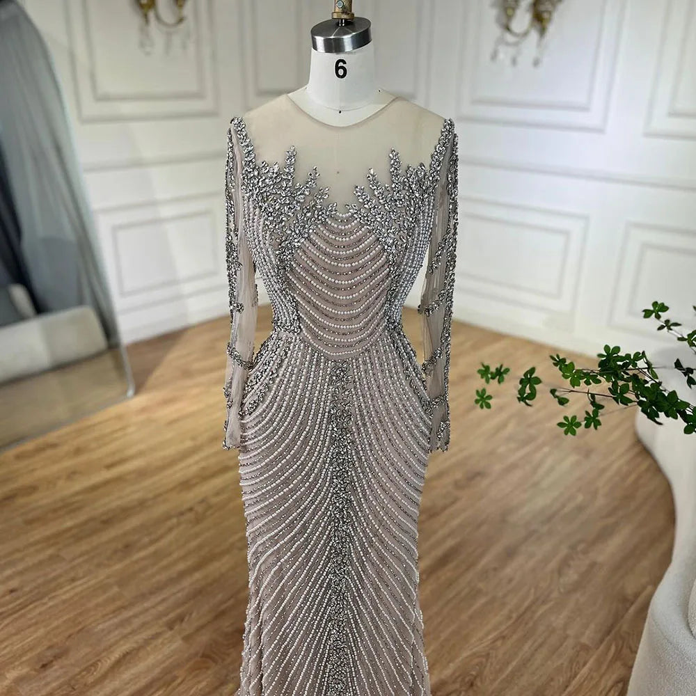 Serene Hill Luxury Crystal Pearls Dubai Sliver Nude Evening Dresses for Women Wedding Formal Prom Party Gown BLA72478