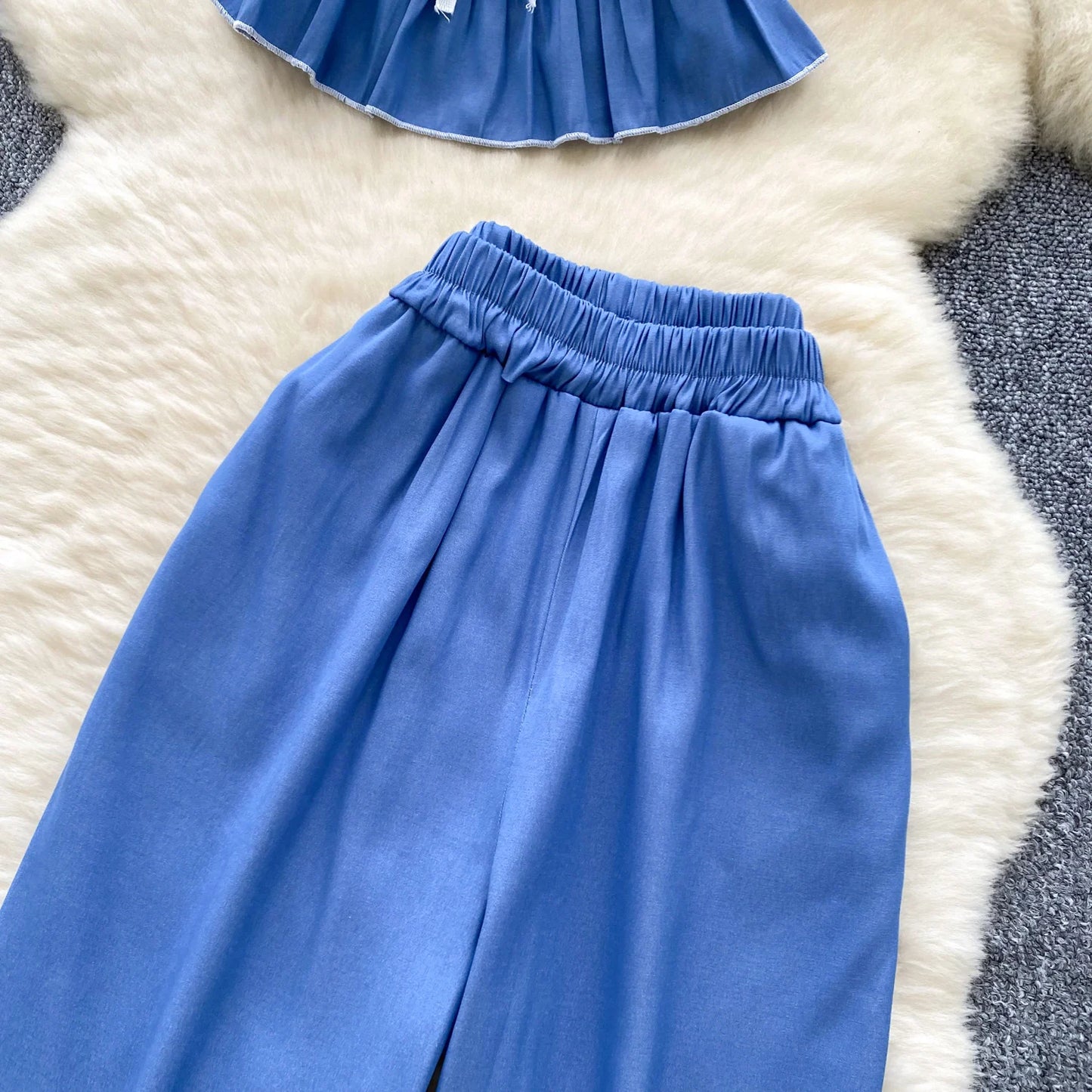 Fashion Womens Two Peice Sets Folds Lace-up Sleeveless Tank + Wide Leg Pants Elastic High Waisted Autumn Suits Ruched Dropship