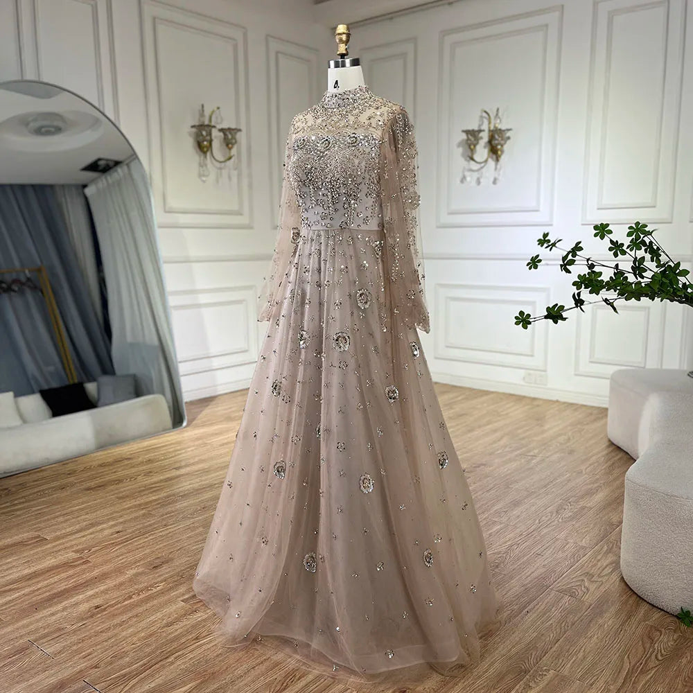 Serene Hill Muslim Nude A-Line Beaded Luxury Elegant Dubai Long Evening Gown for Women - Wedding Party 2024  LA72594