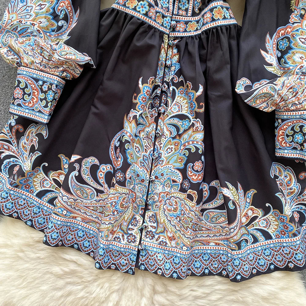 Elegant Dresses For Women 2024 V Neck Vintage Paisley Print Mini Holiday Dress Spring Ruffle Trim Long Sleeve Bohemian Dress