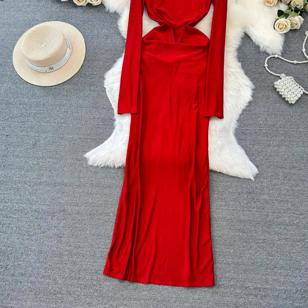 Autumn Solid Long Sleeve Party Dress for Women Sexy Bodycon Stand Collar Evening Dresses Bow Bandage Pleated Slim Waist Vestidos