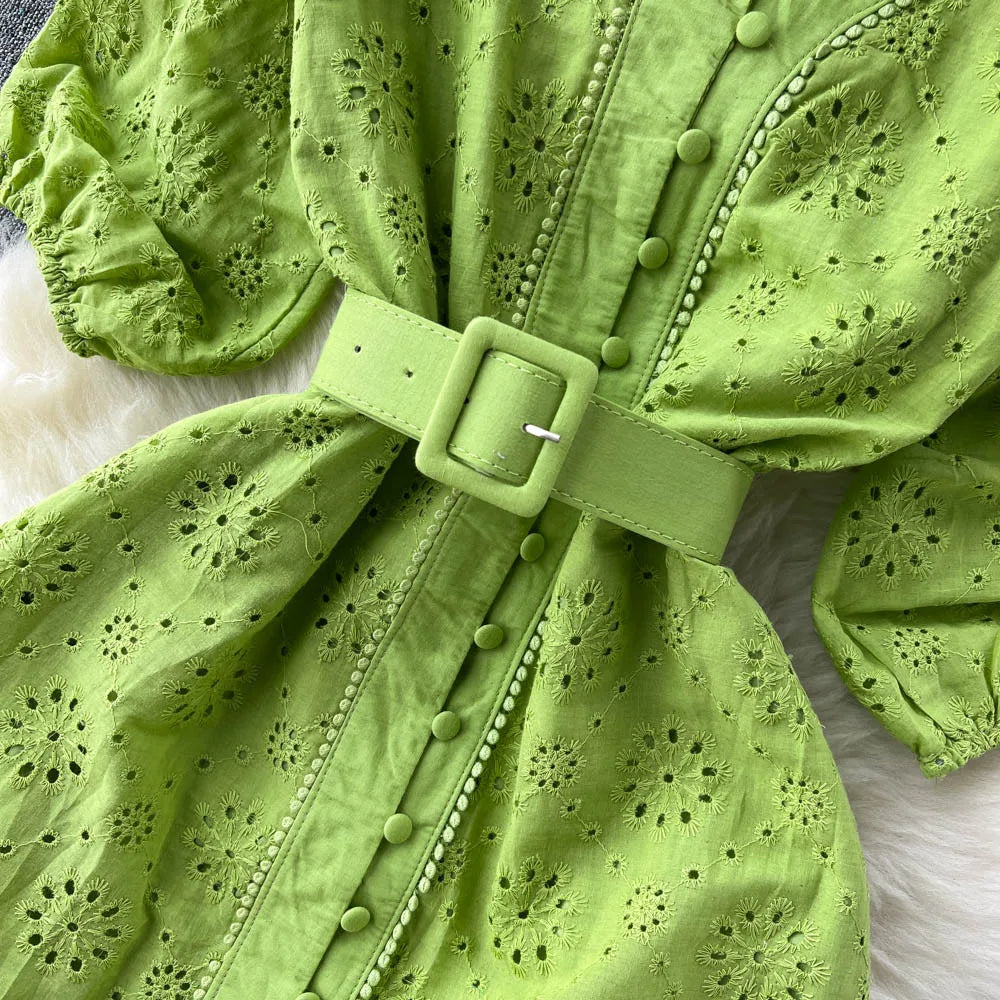 Summer V-neck Hollow Out Dress Women Bubble Sleeves Loose Embroidered Ruffle Edge Long Dresses Ladies Elegant Casual Long Robe