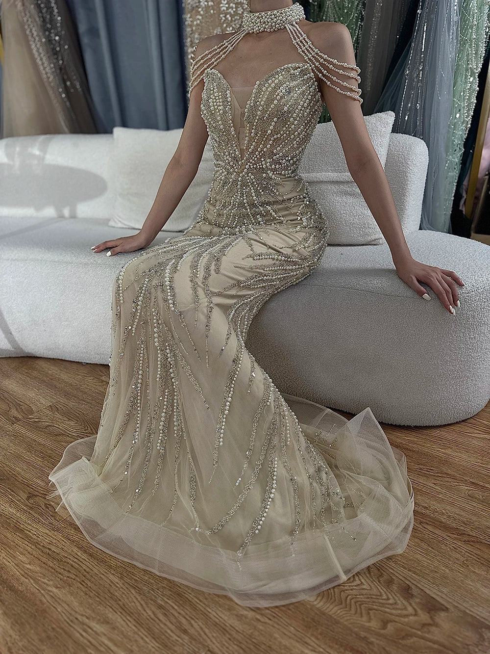 Serene Hill 2024 Arabic Nude Halter Neck Mermaid Pearls Beaded Luxury Dubai Evening Gown for Women's Party LA72696