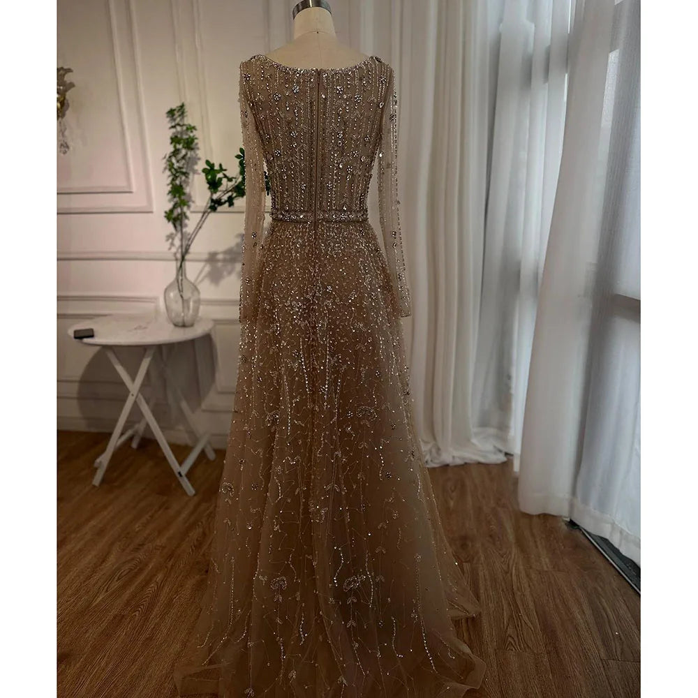 Dubai Arabic Designer Luxury Nude A Line Beaded Evening Dresses Gowns For Women Wedding Party 2023 BLA72088 Serene Hill