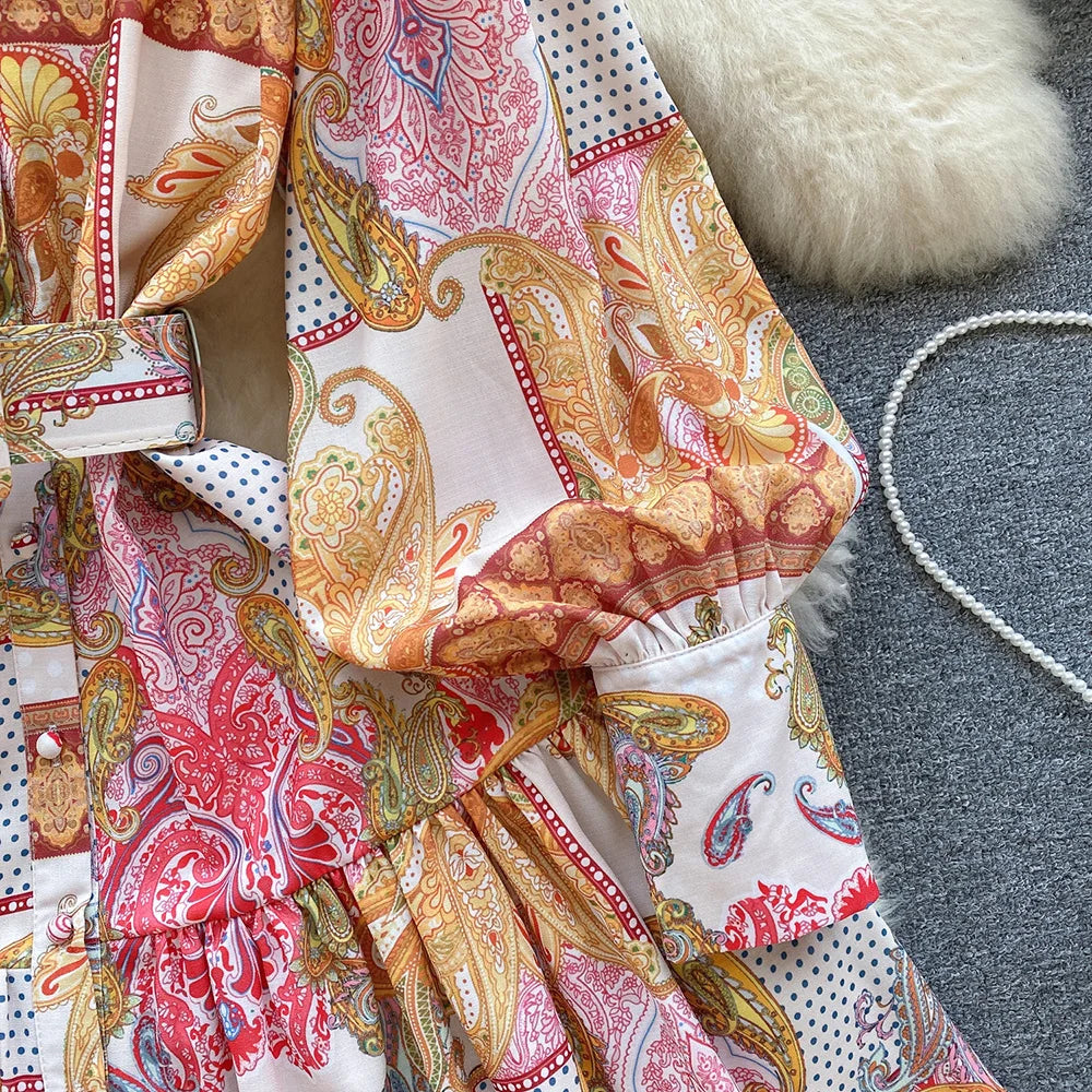 New In Dresses 2024 Spring Vintage Paisley Print Vacation Bohemian Dress Women Stand Collar Long Sleeve Mini Dress With Belt