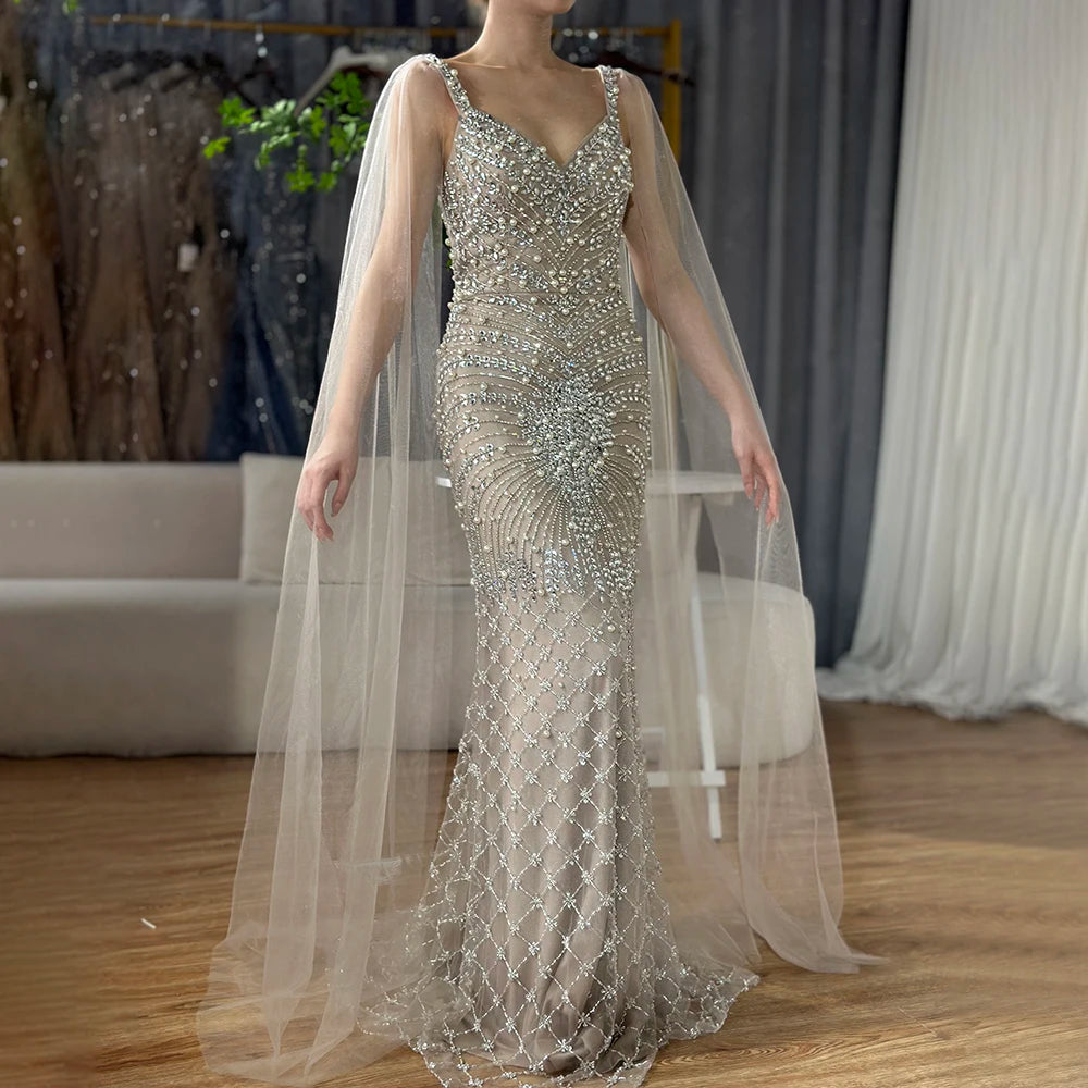 Serene Hill 2024 Arabic Nude Mermaid Cape Sleeve Beaded Luxury Saudi Evening Gown for Formal Occasion LA72748