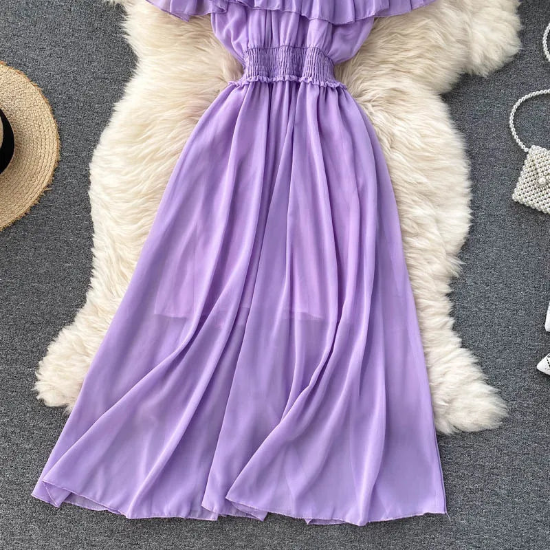 Women Chiffon Beach Dress Sexy Double Layer Ruffled Off The Shoulder Boho Dresses Ladies Sweet Slash Neck Long Dress