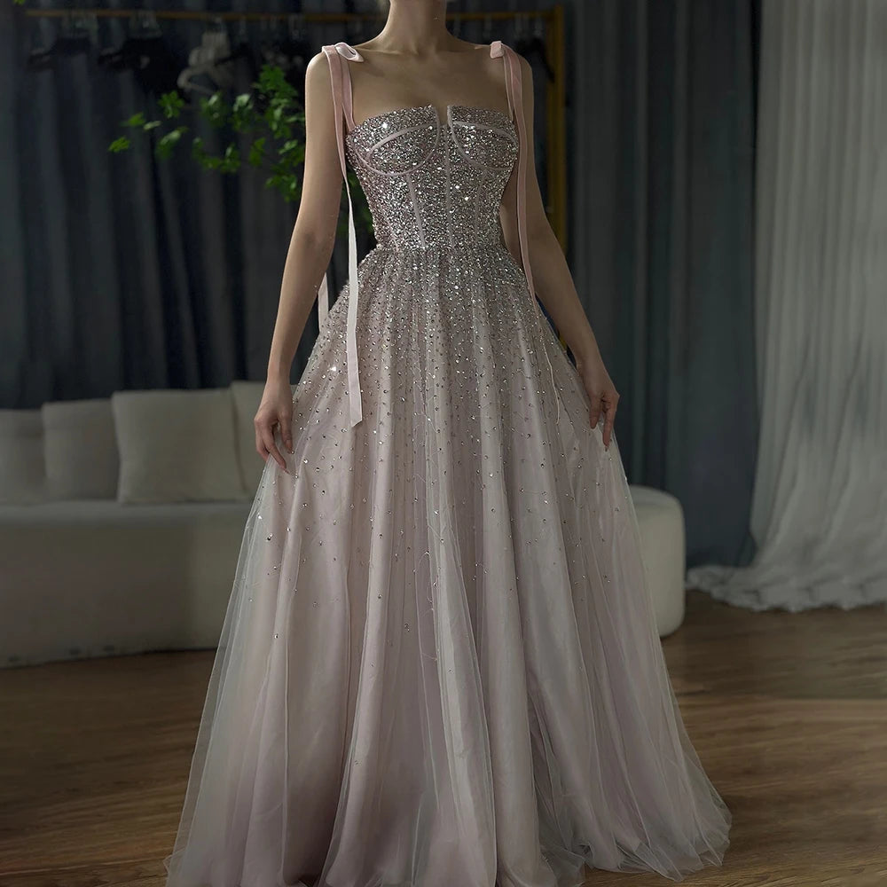 Serene Hill 2024 Saudi Wine Red Beaded Evening Gown Spaghetti Strap A-Line Luxury Floor-Length for Formal Occasion LA70600A