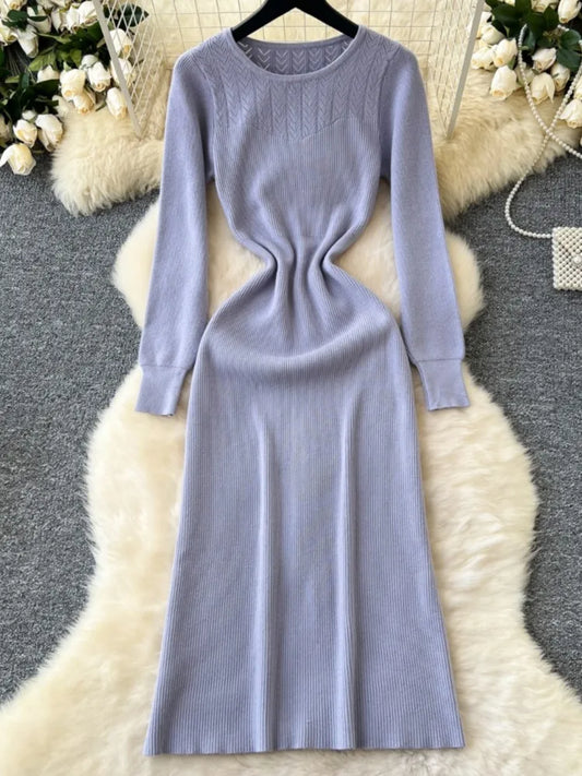Elegant Solid Knitted Dress for Women Autumn French Vintage O-Neck Long Sleeve Fashion Evening Party Sweater Slim Midi Dresses
