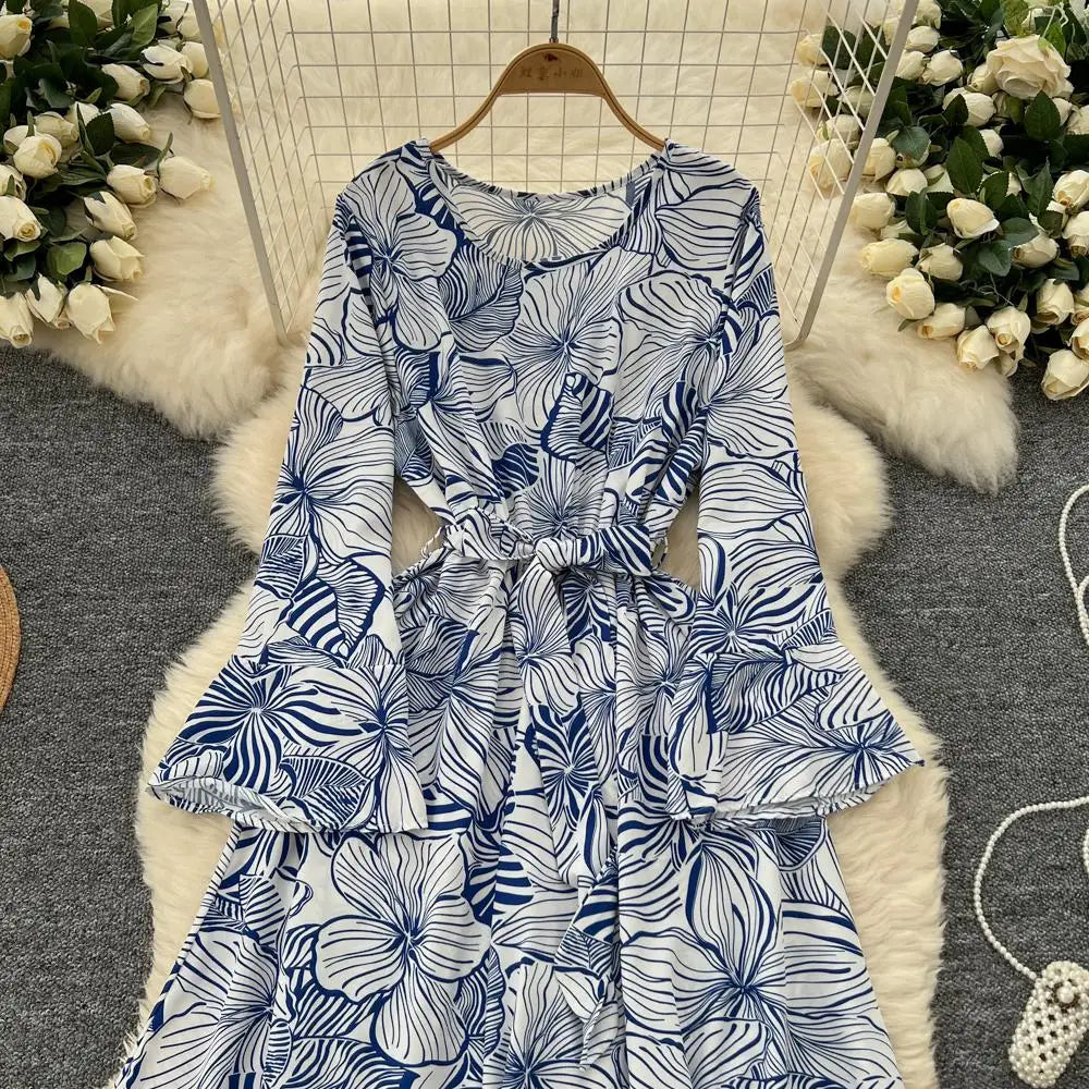 Women Vintage Print Dress for Women Autumn Flare Long Sleeves Lace Up Ruffles Slim Waist Evening Party Dresses A-Line Vestidos