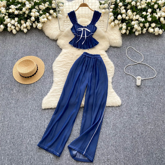 Fashion Womens Two Peice Sets Folds Lace-up Sleeveless Tank + Wide Leg Pants Elastic High Waisted Autumn Suits Ruched Dropship