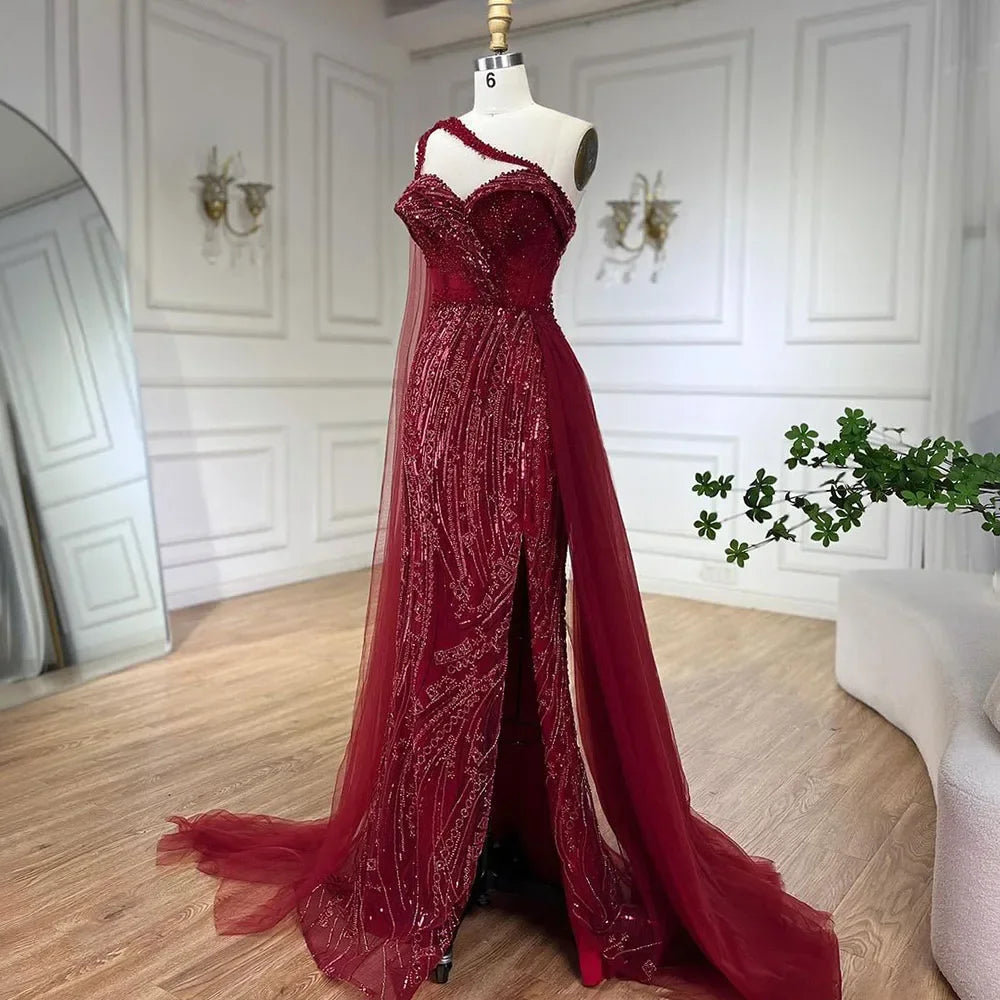 SERENE HILL 2024 Green One Shoulder Mermaid Evening Dresses With Cape Sideskirt  Luxury Gown For Women Wedding Party GLA72472