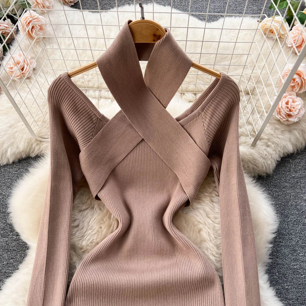 Chic Sexy Criss-cross Halter Elegant Pencil Dress Fashion Slim Knit Long Sleeve Birthday Party Vestidos Women Autumn Winter Robe