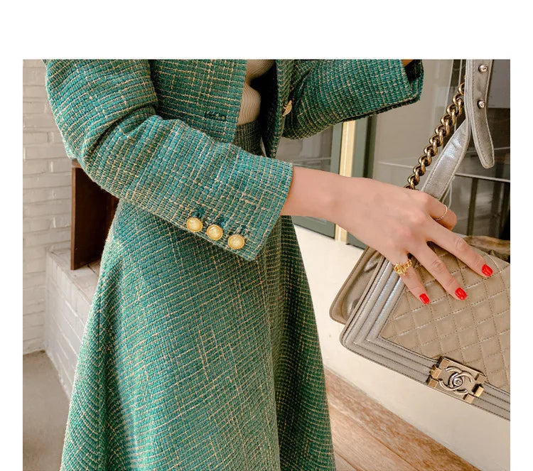 Elegant Temperament Two-Piece Set Tweed for Women Short Blazer Jacket +High Waist Swing Skirt Suits Green Korean Outfits