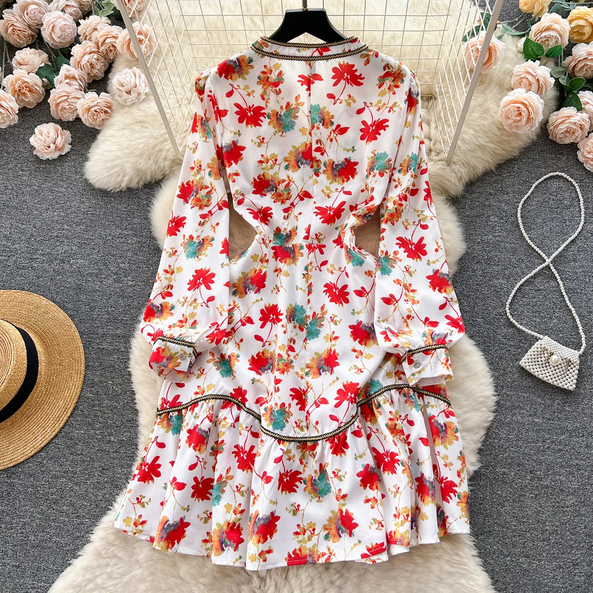 Elegant Dresses For Women 2023 New In Contrast Trim Vintage Floral Print Dress V Neck Long Sleeve Ruffle Hem Vacation Mini Dress