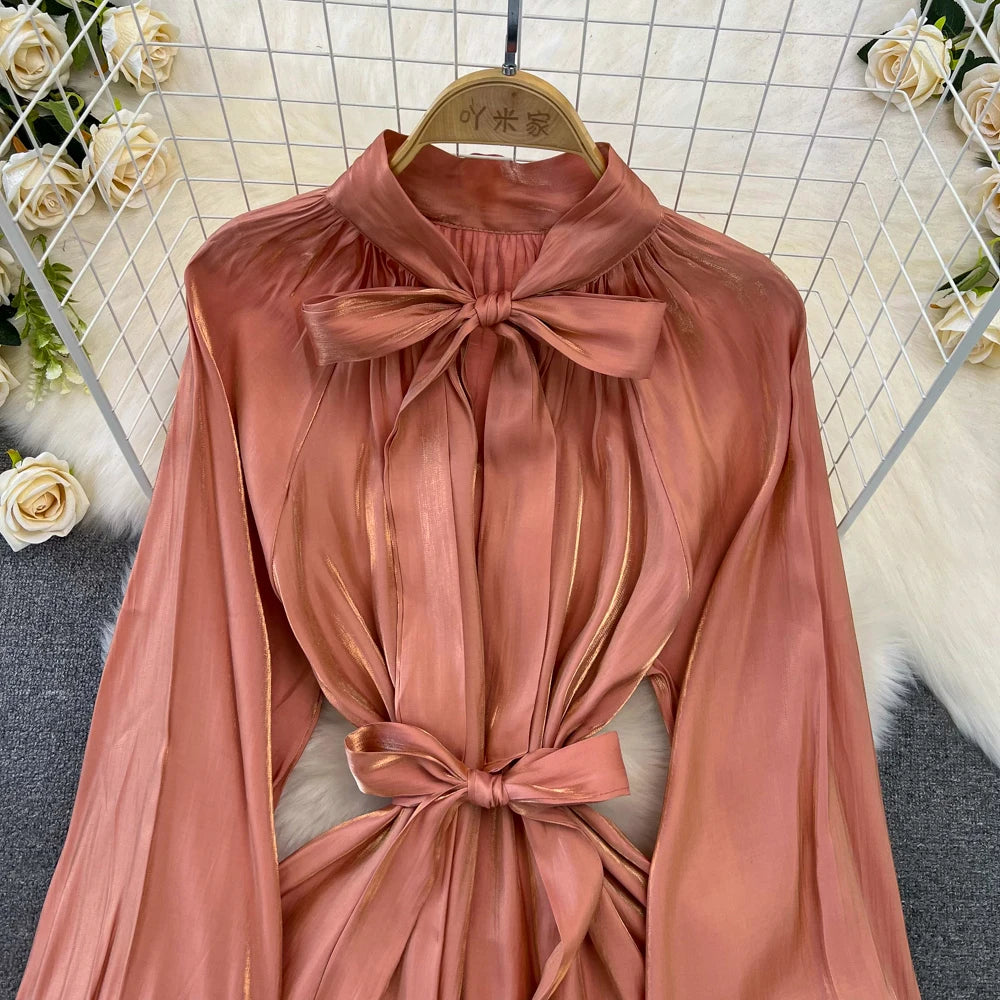 Autumn Elegant Women Fashion Party Long Dress Bow Lace Up Long Sleeve Evening Dresses A-Line Casual Vestidos One Piece Prom Robe