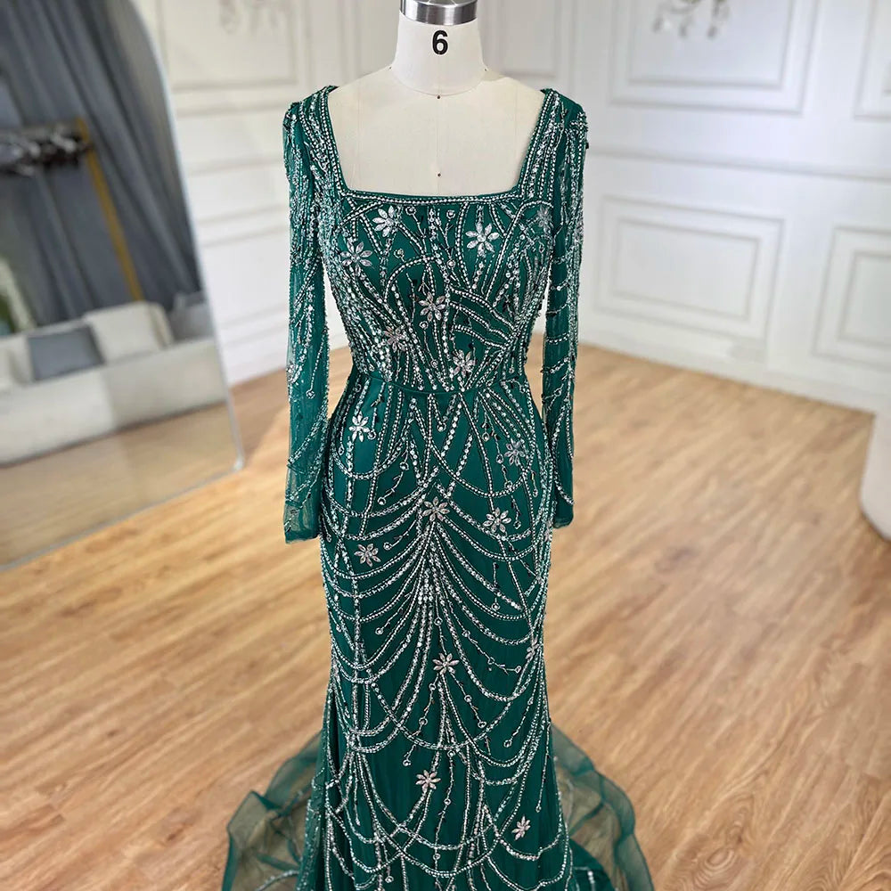 Serene Hill Luxury Dubai Green Mermaid Elegant Crystal Beaded Arabic Evening Dresses Gowns For Women Wedding Party 2023 BLA72242