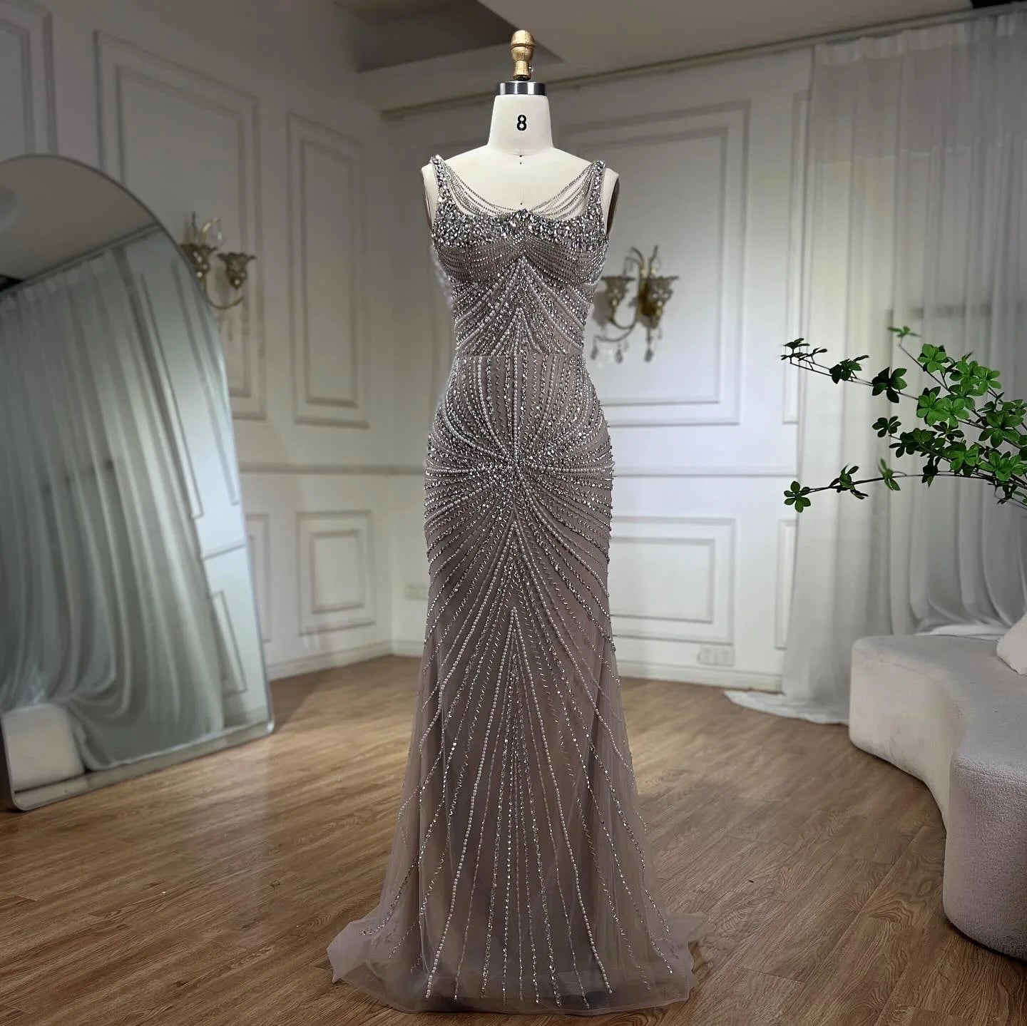 SERENE HILL 2024 Arabic Nude Spaghetti Strap Mermaid Luxury Beaded Evening Dresses Gowns For Women Wedding Party GLA72356