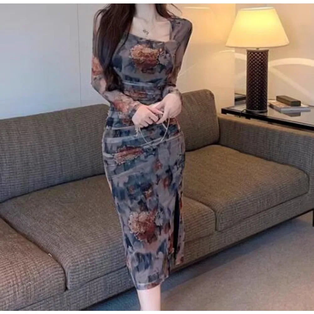 Elegant High Waist Fashion Print Pleated Split Dress Long Sleeve Square Neck Vestidos Autumn Winter Pencil Dress