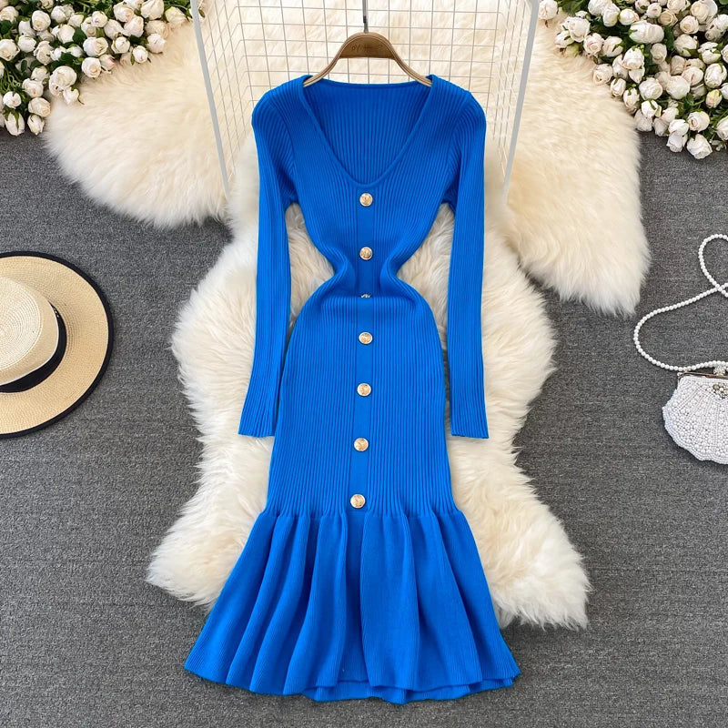 Chic V Neck Long Sleeve Elegant Mermaid Dress Sexy slim Evening Party French Fashion Knit Vestidos High Waist Autumn Slim Robe