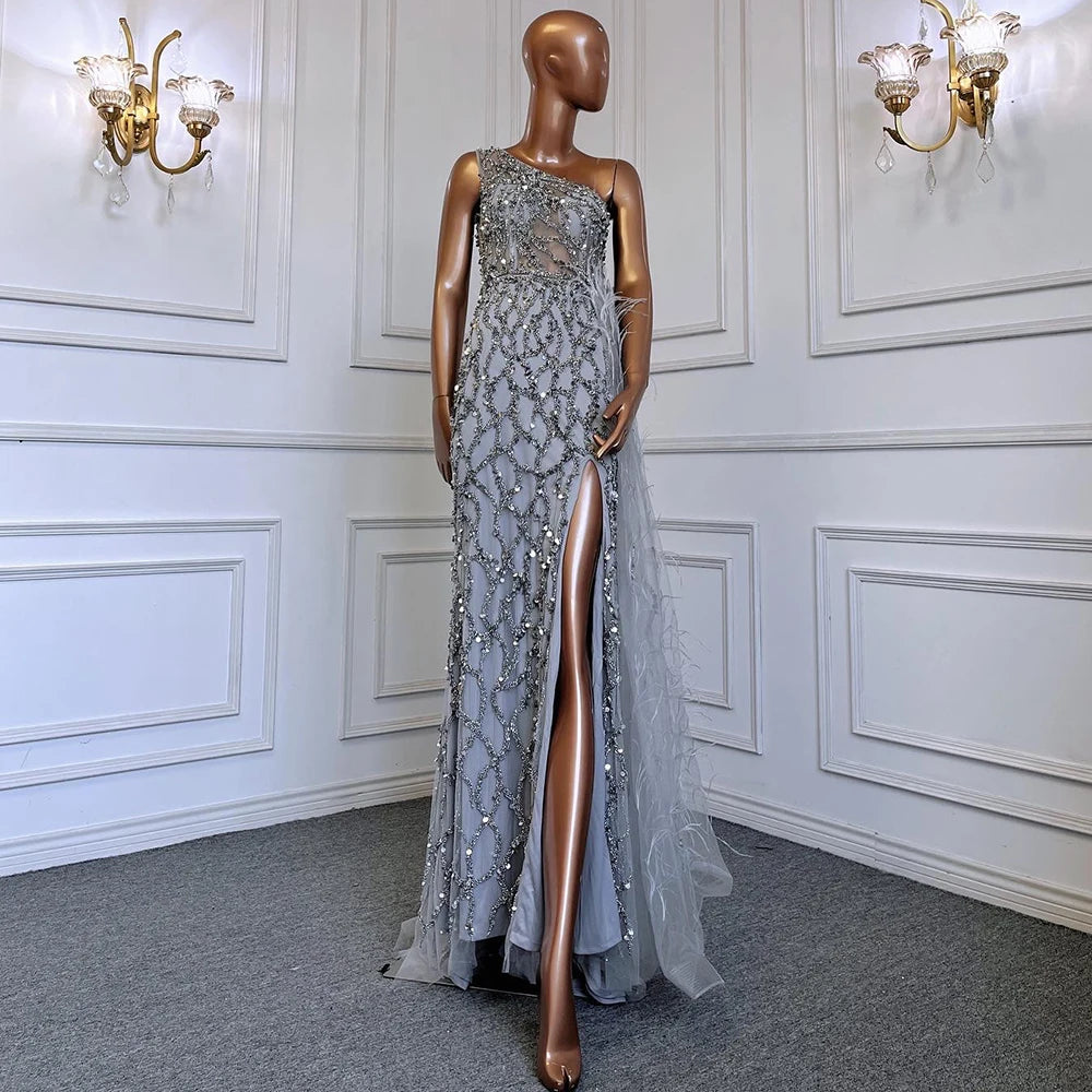 Pink Luxury One Shouder Split Evening Dresse 2023 Elegant Mermaid Beading Gowns Feathers For Women Party BLA70829 Serene Hill