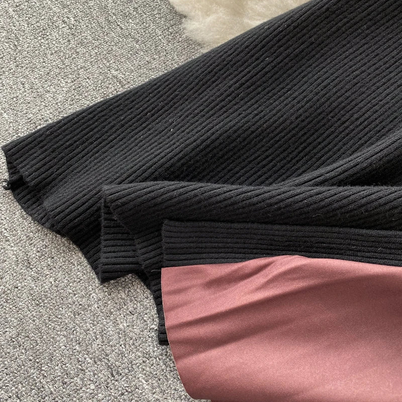 Elegant Chic Pleated Knit Dress French Long Sleeve Party Gothic A-line Vestidos High Waist Basic Slim Women Autumn Winter Dress