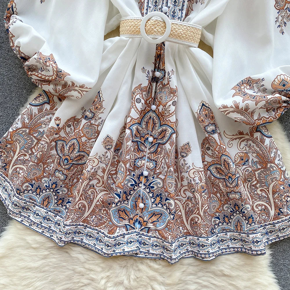 Holiday Dress For Women 2024 Bohemian Vintage Paisley Print Dress Spring 3/4 Sleeve V Neck Elegant Party Short Dresses With Belt