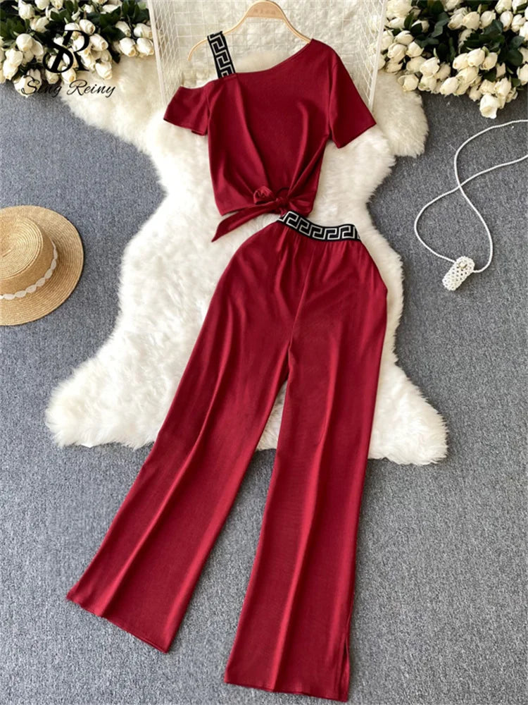 SINGREINY Vacation Casual Sports Suits Summer Off Shoulder Short Camis Tops+High Waist Wide Leg Pants Women Y2K Two Pieces Sets