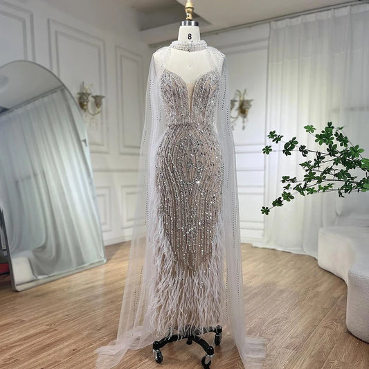 Serene Hill 2024 White Nude Mermaid Wedding Party Dresses with Beaded Feathers Luxury Cape Sleeves Prom Party Gowns LA72047A