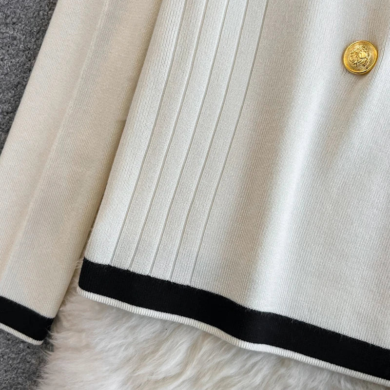 Women Fall Contrast Color Two-piece Set Double-breasted Turndown collar Long Sleeved Top and High Waist Straight Pants Knit Suit