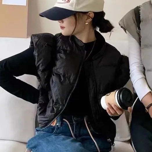 Women's Trendy Down Jacket Vest Winter Chic Sleeveless Zip Coat Round Neck Cropped Warm Waistcoat Female Spring 2024 New