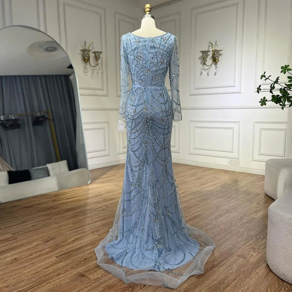 Serene Hill Luxury Dubai Green Mermaid Elegant Crystal Beaded Arabic Evening Dresses Gowns For Women Wedding Party 2023 BLA72242