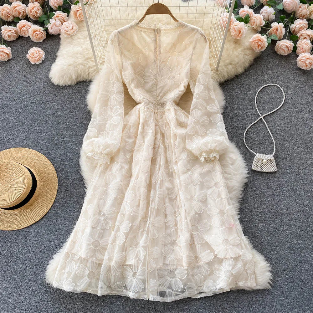 Elegant and Chic Women Fashion Lace Midi Party Dress Spring Vintage A-Line Solid Birthday Prom Vestidos Female Clothes Robe New