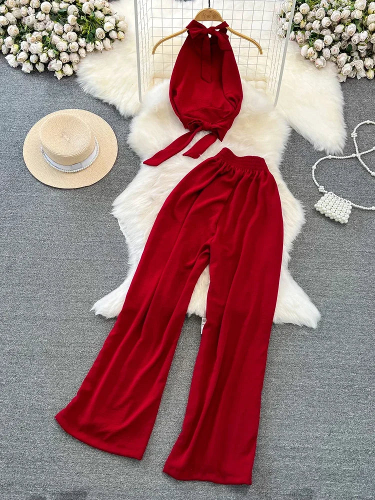 Summer Women Sexy Beach Two Piece Set Elegant Halter Sleevless Bandage Tops + High Waist Wide Leg Pants Female Vacation Suit New
