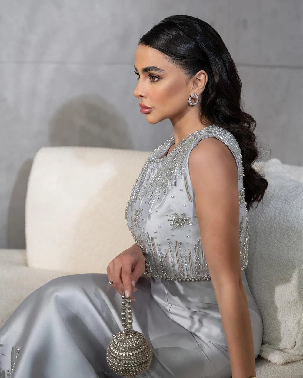 Serene Hill 2024 Luxury Saudi Beaded Gray Midi Formal Evening Dress for Arabic Occasion LA72761