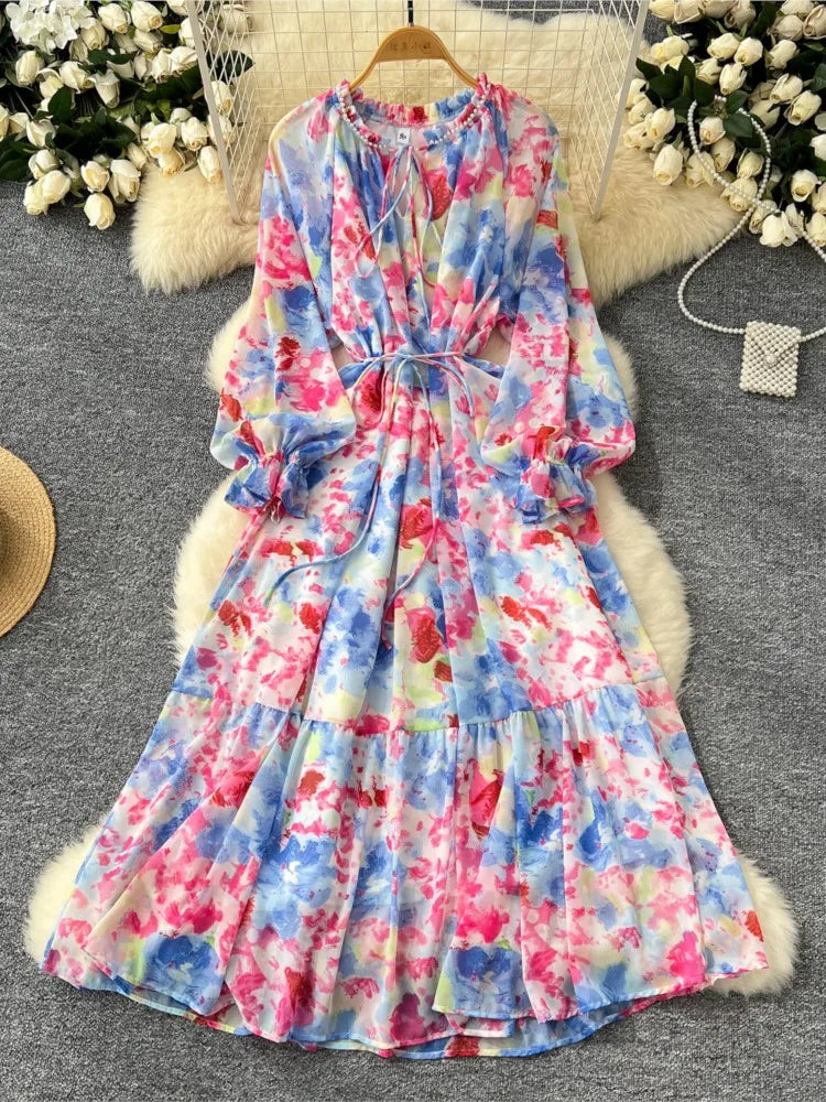 Elegant Floral Print Party Dress for Women French O-Neck Embroidered Flares Lace Up Lantern Long Sleeves Chiffon Long Dresses