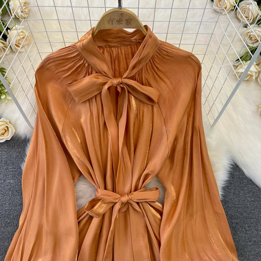 Autumn Elegant Women Fashion Party Long Dress Bow Lace Up Long Sleeve Evening Dresses A-Line Casual Vestidos One Piece Prom Robe