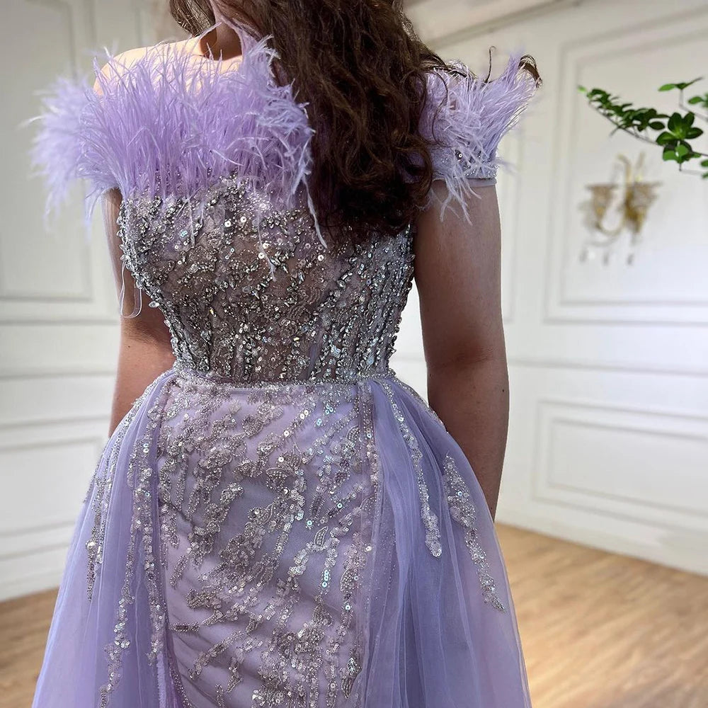 SERENE HILL 2024 Blue Feather Mermaid Luxury Beaded Evening Dresses Overskirt Formal Pink Gowns For Women Wedding Party GLA72061