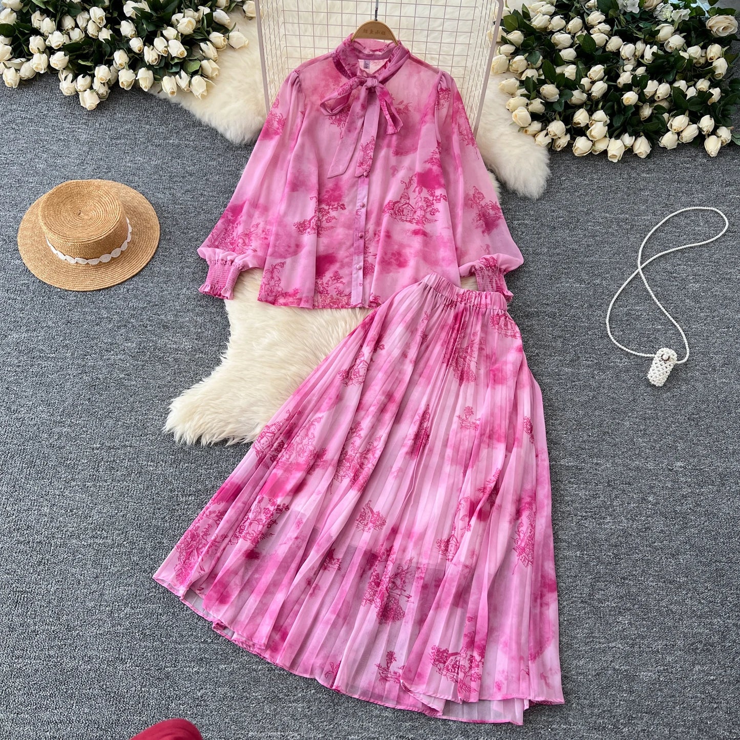Women Chic Print Sweet Two Pieces Sets Bow Lantern Long Sleeve Top  High Waitst Wide Skirt Fashion Summer Sets